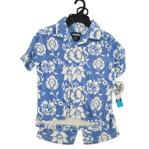 Hawk Boys Blue Floral Terry Cloth Button Up Shirt & Shorts Set Size 5/6 NWT